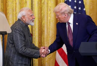 President Donald Trump and Indian prime minister Narendra Modi shake hands as they attend a joint press conference at the White House in Washington